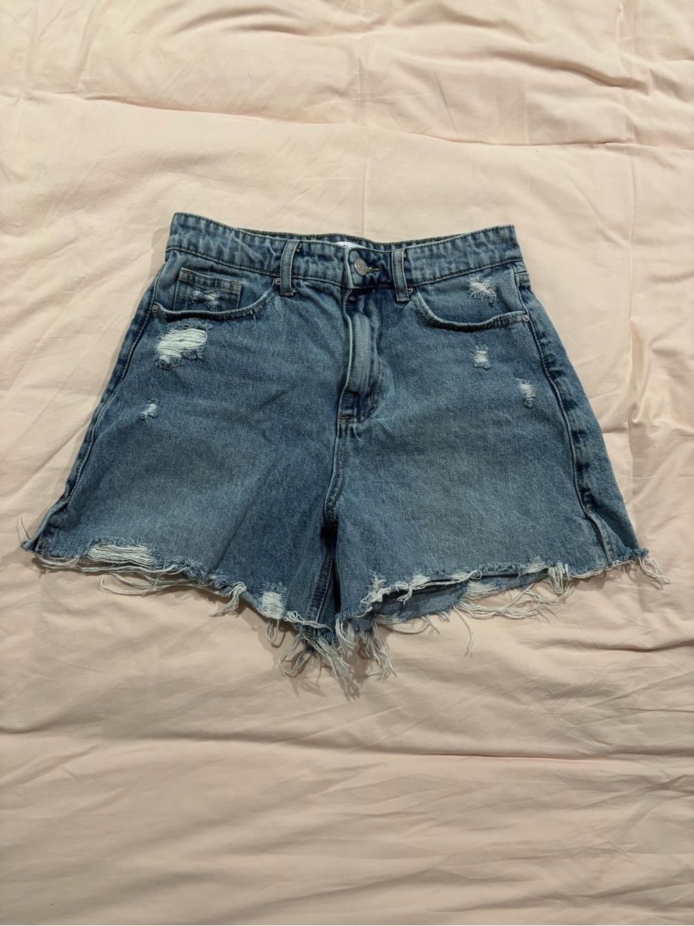High-Rise Distressed Blue Denim Shorts with Frayed Hem